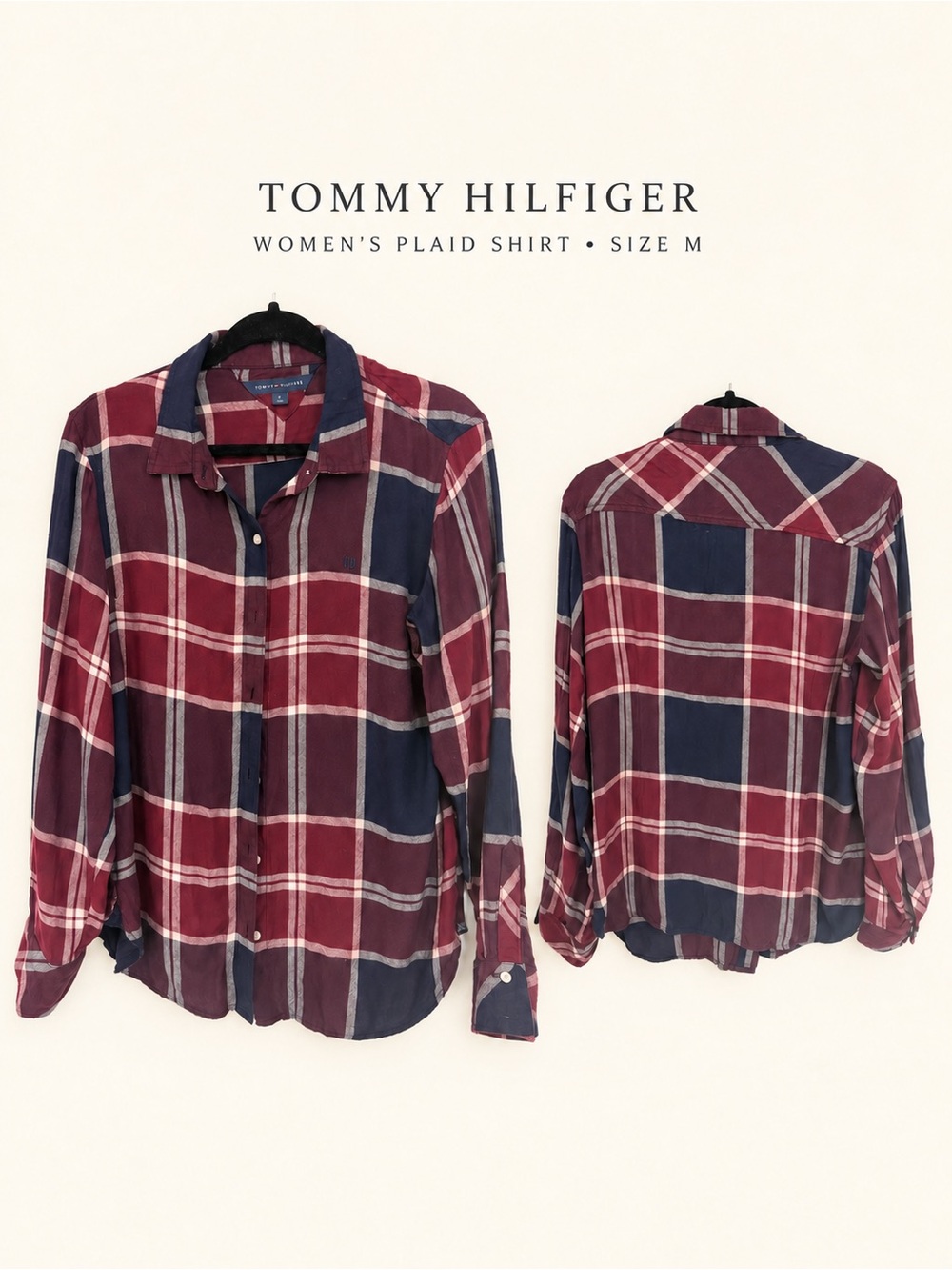 Tommy Hilfiger Women's Burgundy and Navy Plaid Button-Down Shirt
